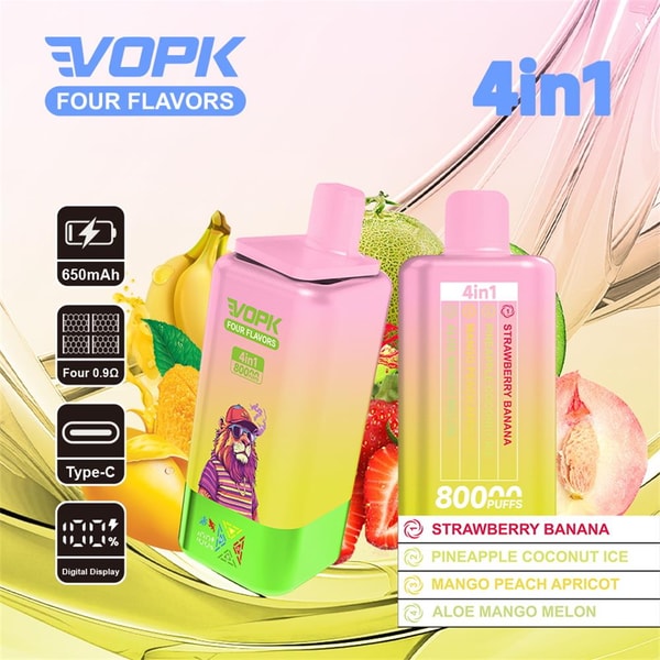 Two gradient pink-yellow-green VOPK 4in1 disposable vape devices with top mouthpieces and a lion graphic, set in front of strawberries, bananas, melon and peach, labeled 4in1 and 8000 puffs with flavor list (Strawberry Banana; Pineapple Coconut Ice; Mango Peach Apricot; Aloe Mango Melon) and icons for 650mAh battery, four 0.9Ω coils, Type‑C charging and digital display.