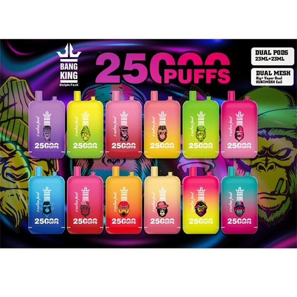 Colorful advertisement showing twelve gradient-finish Bang King disposable vape pods with small stylized face logos arranged in two rows against a neon graphic background and a large headline reading 25 PUFFS.