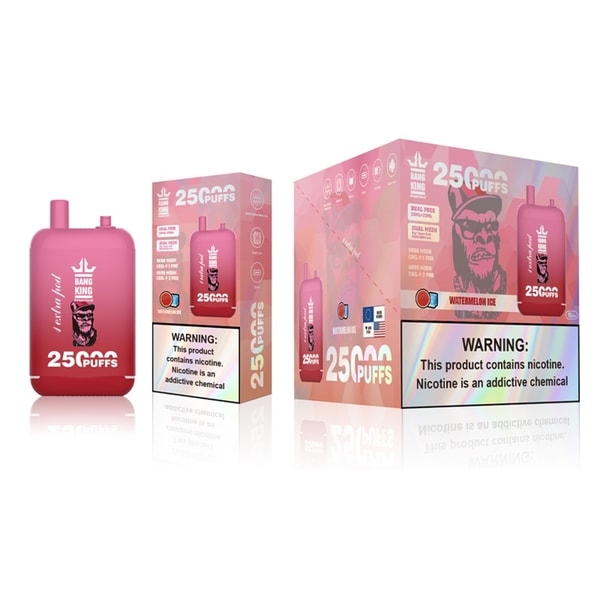 Pink disposable vape device alongside two matching product boxes labeled "25,000 PUFFS" and "Watermelon Ice", showing the brand name and a prominent nicotine-warning panel.