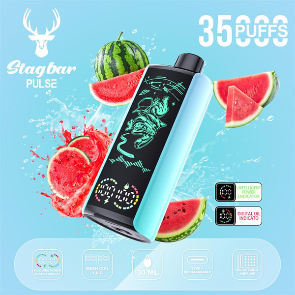 A turquoise-and-black Stagbar Pulse vape device on a light blue background with splashing water and sliced watermelon, featuring a digital display, 3500 puffs branding, a deer logo and icons for 30 mL capacity, mesh coil, Type‑C charging and adjustable airflow.