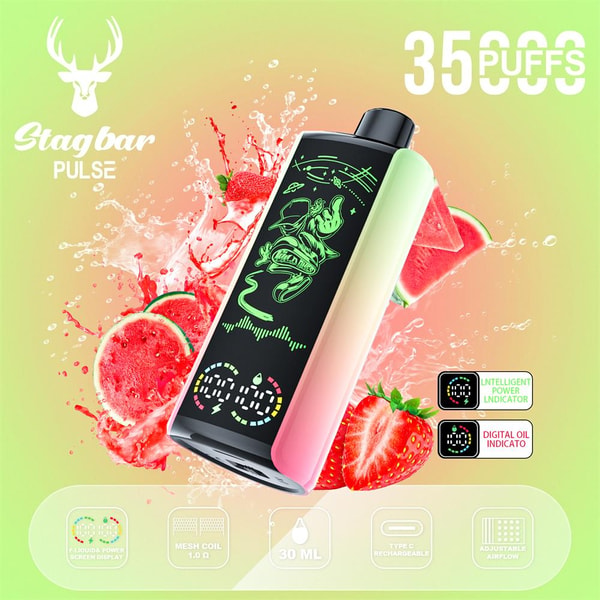 Pastel gradient advertisement showing a Stagbar Pulse vape device with a black front panel displaying neon-green astronaut artwork and a digital readout, surrounded by splashing watermelon and strawberries, a deer logo at top left, large "3500 PUFFS" text at top right, and small product feature icons along the bottom.