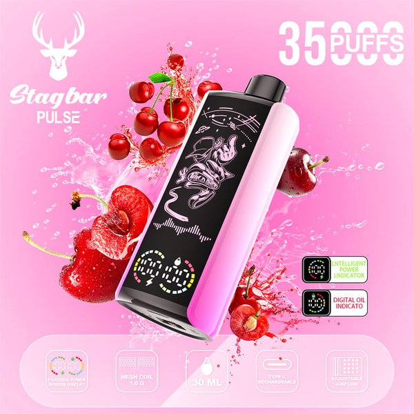Pink Stagbar Pulse vape device with a black front panel and deer-head logo shown amid splashing cherries and large '35 PUFFS' text, with a digital display and small icons indicating intelligent power and oil indicators and features like mesh coil, 30 mL capacity, Type-C recharge, and adjustable airflow.
