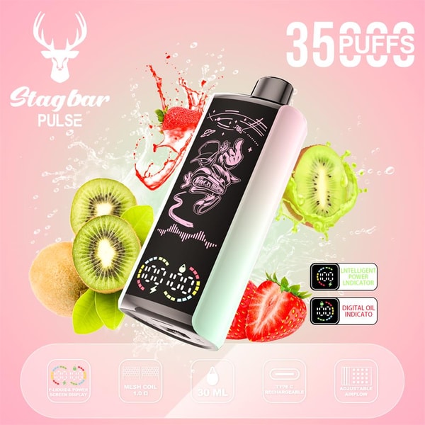 Slim pastel green-and-black Stagbar Pulse vape device shown at an angle with a digital display and stylized graphic, surrounded by splashing strawberries and kiwis on a pink background and labeled '3500 puffs' with small icons for mesh coil, 30 ml capacity and adjustable airflow.