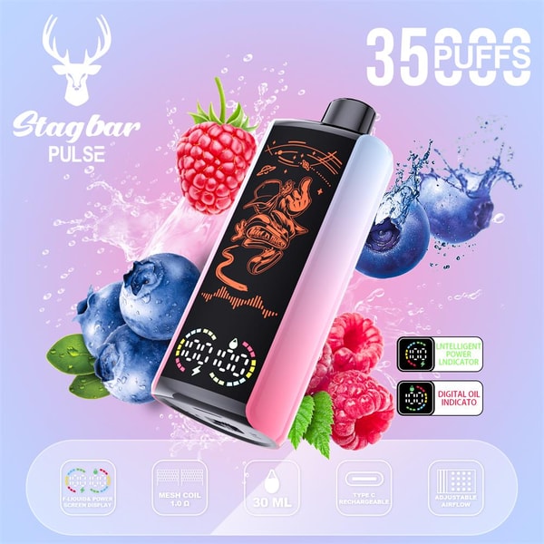 Promotional image of a pink-and-blue gradient Stagbar Pulse vape with a black front display and orange graphic, surrounded by splashing raspberries and blueberries, brand deer logo, '35 PUFFS' label and small feature icons indicating 30 ml, mesh coil and Type‑C rechargeability.