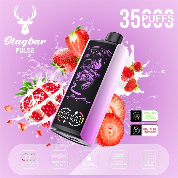 Pink-and-black Stagbar Pulse vape device with a digital screen and purple artwork, surrounded by splashing strawberries and milk on a pink background, with '35 PUFFS' text, a deer logo and icons for mesh coil, 30 mL capacity, Type-C rechargeability and adjustable airflow.