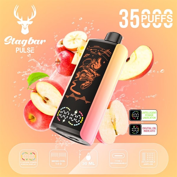 Pink-to-orange gradient Stagbar Pulse vape device with a decorative front graphic floating among splashing red apple slices, a stag logo and text reading “3500 puffs,” plus icons denoting 30 mL e-liquid, 1.0 Ω mesh coil, Type‑C rechargeability, adjustable airflow and digital power indicators on a warm orange background