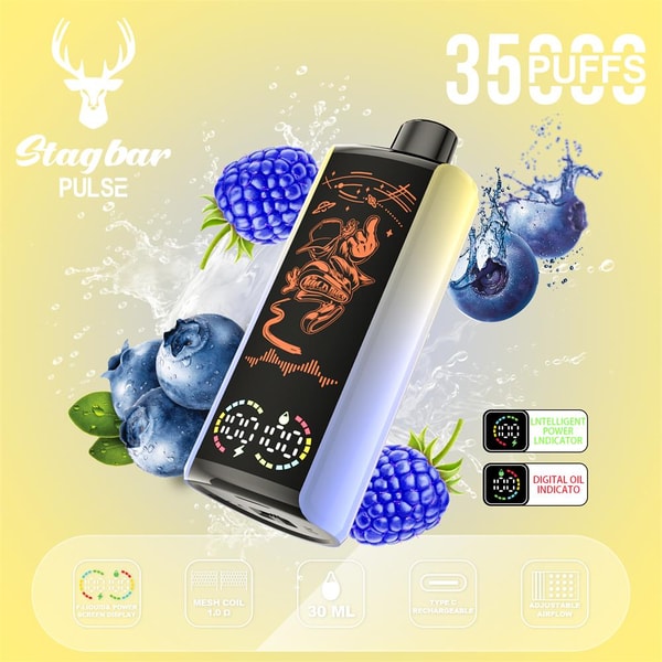 Sleek metallic Stagbar Pulse vape device with a black decorative front panel and digital display angled over splashing blueberries and a blue raspberry on a yellow background, with branding text reading 35000 puffs and small icons for features like 30 ml, mesh coil, Type-C recharge and adjustable airflow.