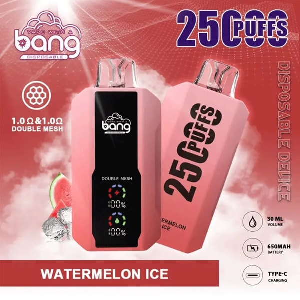 Two pink disposable Bang vape devices against a red smoky background, one showing a black front panel with the Bang logo, double-mesh label and LED indicators and the other tilted with large “25 puffs” text, accompanied by a watermelon slice and ice cubes and small icons noting Watermelon Ice flavor, 1.0Ω double mesh, 30 ml, 650 mAh and Type-C charging.