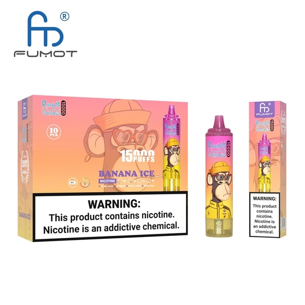 Boxed set and single unit of Fumot Randa Tornado disposable vape in pink-orange gradient packaging showing a cartoon monkey in a yellow hat, 'Banana Ice' flavor and '15,000 puffs' label, with a prominent nicotine warning reading 'This product contains nicotine. Nicotine is an addictive chemical.'