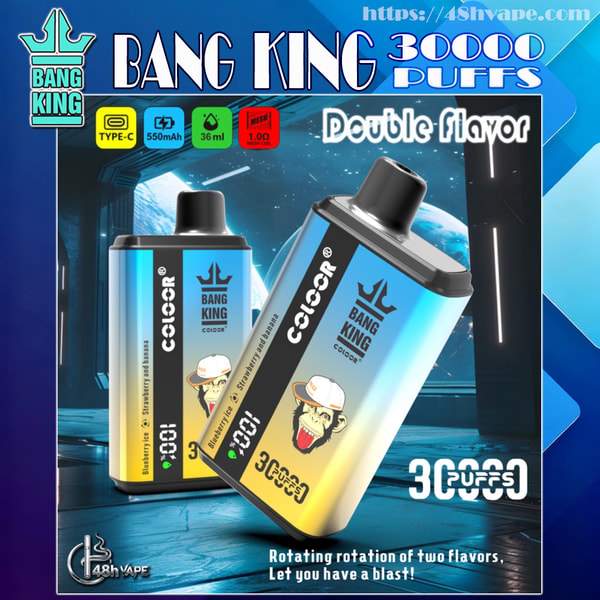 Promotional image for Bang King disposable vape showing two gradient blue-to-yellow devices with black mouthpieces and a monkey logo, labeled "30000 puffs" and "Double flavor", with icons for Type-C, 550mAh battery, 36ml e-liquid and 1.0Ω mesh coil against a futuristic space-station background.