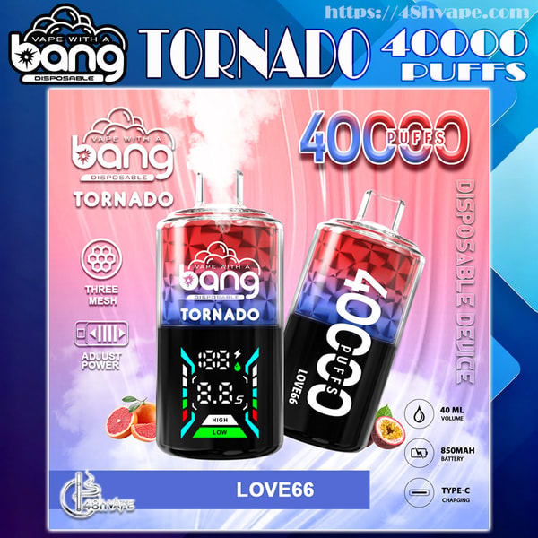 Werbung zeigt zwei Bang Tornado-Einweg-Vaporizer in einem Rot-Blau-Farbverlauf mit der Aufschrift „40.000 Züge“ und „LOVE66“, eines aufrecht mit digitaler Leistungsanzeige und das andere geneigt, mit Symbolen für 40 ml Volumen, 850-mAh-Akku, Typ-C-Aufladung, dreimaschige und einstellbare Leistung sowie kleine Grapefruit- und Passionsfruchtillustrationen auf einem blau-rosa Farbverlaufshintergrund.