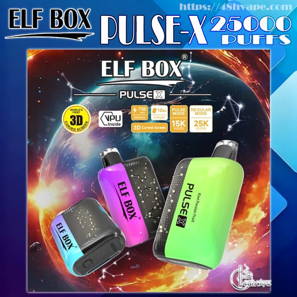 Colorful advertisement poster for the ELF BOX Pulse-X disposable vape showing three curved rectangular devices in green, purple and blue on a cosmic planet background, with large '25000 puffs' branding and small icons noting specs like 750 mAh battery, 18 mL e‑liquid and a 3D curved screen.