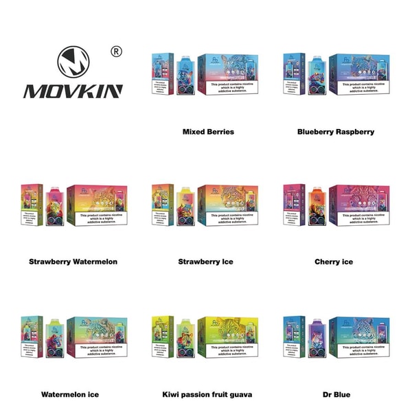 MOVKIN logo at top left with a grid of colorful vape product boxes and packs on a white background, each showing flavor names (Mixed Berries, Blueberry Raspberry, Strawberry Watermelon, Strawberry Ice, Cherry Ice, Watermelon Ice, Kiwi Passion Fruit Guava and Dr Blue) and visible nicotine warning panels.