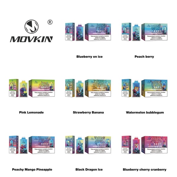 Grid of colorful MOVKIN vape product boxes and pods arranged in three rows with flavor labels including Blueberry on Ice, Peach Berry, Pink Lemonade, Strawberry Banana, Watermelon Bubblegum, Peachy Mango Pineapple, Black Dragon Ice, and Blueberry Cherry Cranberry, with the MOVKIN logo in the top left.