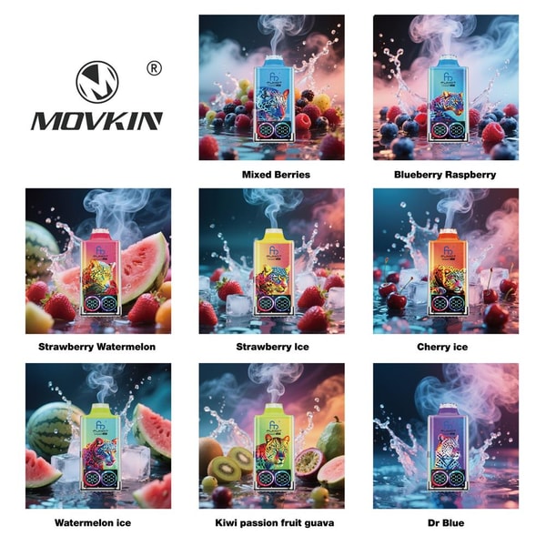 Advertisement grid with the MOVKIN logo and nine colorful vape devices, each surrounded by matching fruits, ice and smoke and labeled with flavors like Mixed Berries, Blueberry Raspberry, Strawberry Watermelon, Strawberry Ice, Cherry Ice, Watermelon Ice, Kiwi Passion Fruit Guava and Dr Blue.