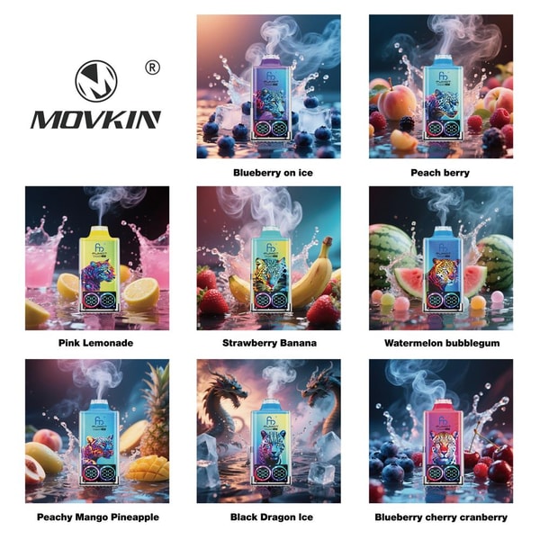 MOVKIN promotional grid showing nine colorful vape devices emitting smoke, each surrounded by matching fruits, ice and splashes and labeled with flavors like Blueberry on Ice, Peach Berry, Pink Lemonade, Strawberry Banana, Watermelon Bubblegum, Peachy Mango Pineapple, Black Dragon Ice, and Blueberry Cherry Cranberry.