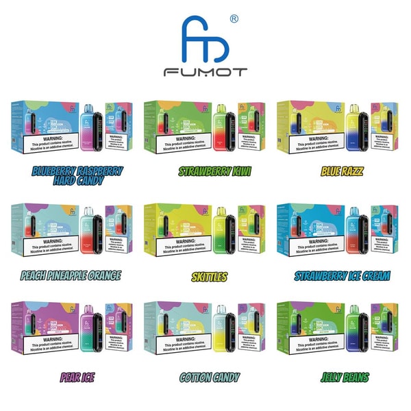 FUMOT logo above a 3x3 grid of nine colorful disposable vape boxes and matching devices, each labeled with flavors like Blueberry Raspberry Hard Candy, Strawberry Kiwi, Blue Razz, Peach Pineapple Orange, Skittles, Strawberry Ice Cream, Pear Ice, Cotton Candy, and Jelly Beans, with bright packaging and visible nicotine warning labels.