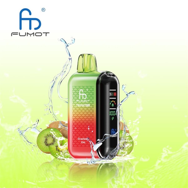 Compact green-to-red FUMOT vape pod with a glossy black side display showing icons and '100', surrounded by water splashes and sliced kiwis on a light green background with the brand logo at top left.