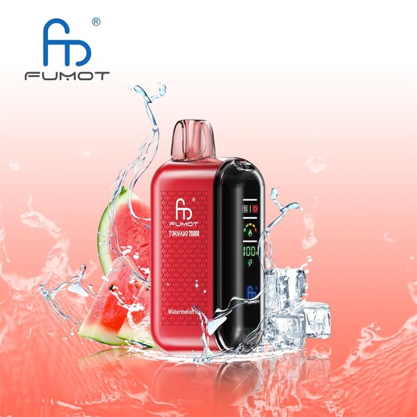 Red Fumot Tornado 20000 vape device with a black glossy display showing battery and settings, set in front of watermelon slices, ice cubes and splashing water on a pink gradient background with the Fumot logo.