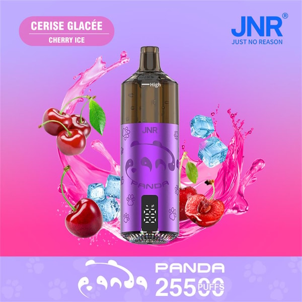 Purple disposable vape device with a panda logo centered on a pink-purple gradient background, surrounded by cherries, ice cubes and pink liquid splashes, labeled "Cerise Glacée Cherry Ice" with JNR branding and "PANDA 25500 PUFFS" text.
