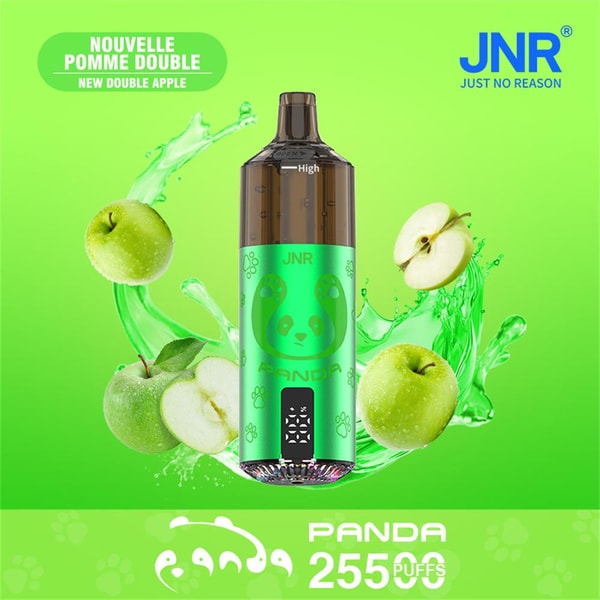 Bright green disposable vape device with a panda logo and dark mouthpiece centered against a vibrant green background, surrounded by whole and sliced green apples and splashing juice, with JNR branding and text reading Panda 25500 puffs and New Double Apple.