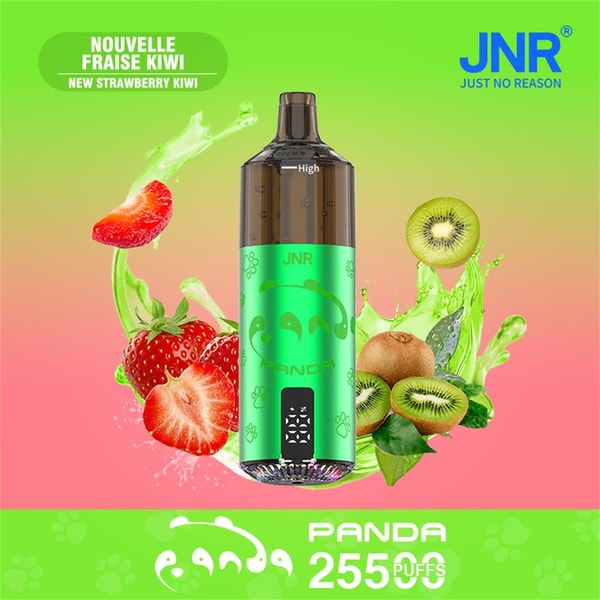 Green JNR Panda disposable vape device with panda logo and paw prints centered against a green-to-pink gradient, surrounded by splashing kiwi and strawberry slices and labeled "Nouvelle Fraise Kiwi / New Strawberry Kiwi" and "PANDA 25500 PUFFS".