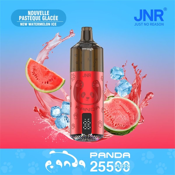 Red JNR Panda disposable vape device with a panda logo centered on a blue-to-pink gradient background, surrounded by watermelon slices, ice cubes and juice splashes and labeled New Watermelon Ice and Panda 25500 puffs.