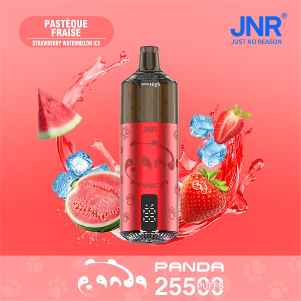 Red JNR Panda disposable vape with a panda-face design centered on a pink background, surrounded by splashing watermelon slices, strawberries and ice cubes and labeled 'Pastèque Fraise Strawberry Watermelon Ice' with the JNR logo and 'PANDA 25500 PUFFS'.