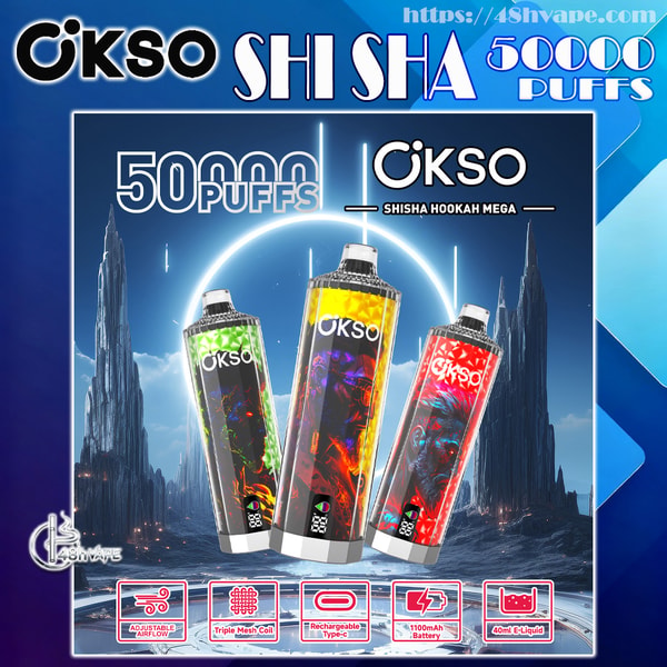 Three tall OKSO Shisha Hookah Mega vape devices with colorful abstract skins centered against a futuristic icy landscape, large text reading “50,000 puffs” above them and feature icons below for adjustable airflow, triple mesh coil, rechargeable Type‑C, 1100mAh battery, and 40ml e‑liquid.