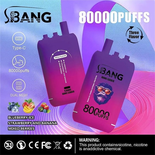 Promotional poster showing two purple-to-pink gradient S.BANG “Bang Leader” disposable vape devices with a bearded ape logo and large “80000 PUFFS” text, surrounded by icons for Type‑C charging, 80,000 puffs and dual mesh, fruit images and listed flavors (Blueberry Ice; Strawberry and Banana; Mixed Berries), with a nicotine-addictive product warning bar along the bottom.