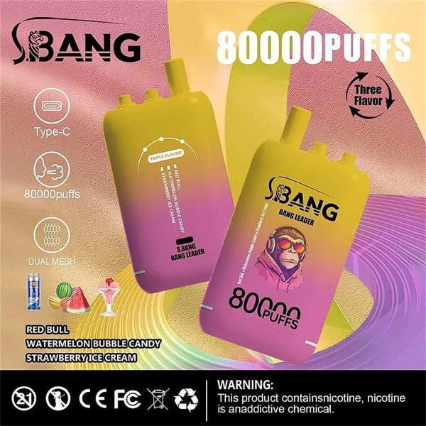 Bright yellow-to-pink gradient advertisement for S.BANG disposable vape devices labeled "80000 PUFFS" showing two rectangular vapes with a headset-wearing monkey logo, icons for Type‑C, dual mesh and three flavors, flavor names (Red Bull, Watermelon Bubble Candy, Strawberry Ice Cream), and a nicotine warning.