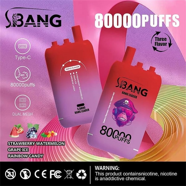 Two red-to-pink gradient S.BANG disposable vape devices with large "80000 PUFFS" text and skull-faced mascot against a pink-purple background, accompanied by Type-C and dual-mesh icons, a "Three Flavor" label, flavor names (Strawberry Watermelon, Grape Ice, Rainbow Candy), and a nicotine warning bar at the bottom.