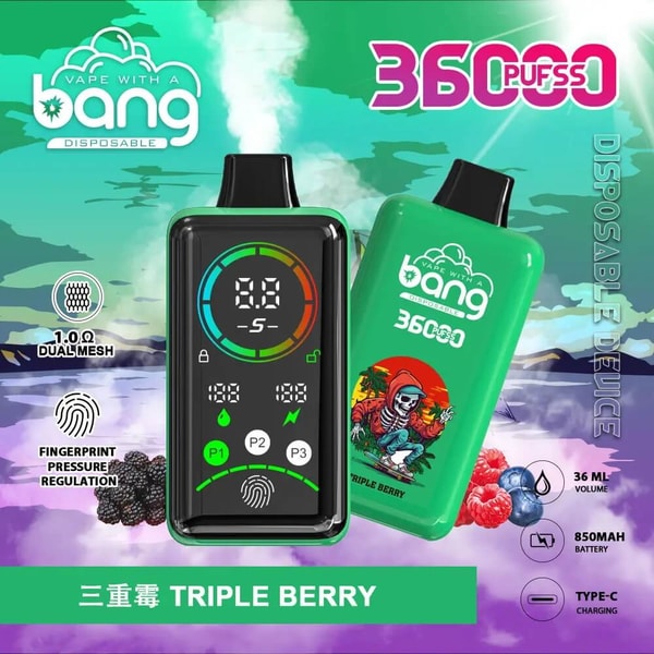 Bright green Bang disposable vape packaging showing two devices—one front-facing with a colorful circular digital display and fingerprint icon, the other tilted to reveal a skeleton-in-hoodie triple-berry artwork—set against a teal and purple vapor background with '360 PUFFS' branding, product icons (1.0Ω dual mesh, fingerprint pressure regulation, 36 ml, 850 mAh, Type-C) and a 'Triple Berry' flavor label.