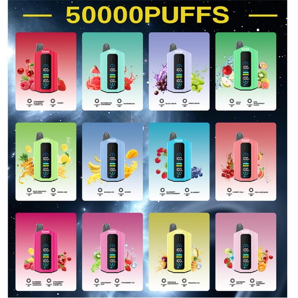 Poster showing a large '50000PUFFS' headline above a 3x4 grid of brightly colored disposable vape devices, each with a small digital screen and surrounding fruit illustrations indicating different flavors, set against a starry space background.