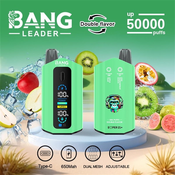 Two mint-green Bang Leader disposable vape devices (front showing a digital screen and the back showing a colorful gorilla logo) displayed on a pedestal with splashing fruit (kiwi, passionfruit, apple, guava) in the background and text indicating Double flavor, up 50,000 puffs, plus icons for Type‑C, 650mAh, dual mesh and adjustable.