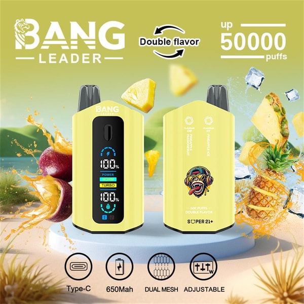 Advertisement showing two yellow Bang Leader disposable vape devices—one front-facing with a digital display and one back-facing with a logo—surrounded by pineapple and passion fruit imagery, labeled 'Double flavor' and 'up 50000 puffs' with icons for Type‑C, 650mAh, dual mesh and adjustable.