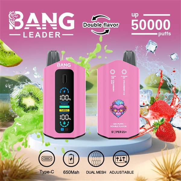 Two pink Bang Leader double-flavor vape devices—one showing a digital display and the other flavor labeling—stand on a platform amid kiwi, strawberry and ice splashes with text advertising up to 50,000 puffs and icons for Type-C, 650mAh, dual mesh and adjustable.