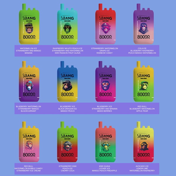 Grid of 12 colorful gradient disposable vape devices labeled Bang, each showing a stylized monkey face and '8000 puffs' text, arranged on a light blue background with purple caption bars beneath naming fruit-flavored varieties like watermelon, blueberry, strawberry, kiwi and cola.