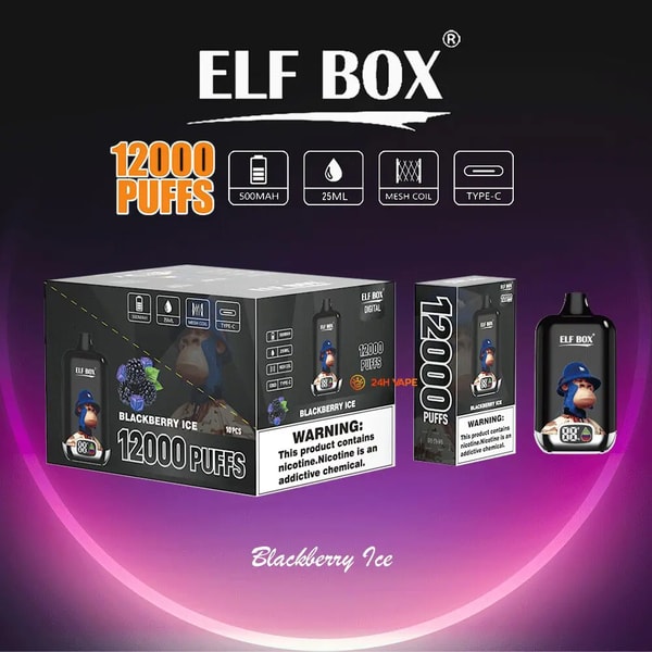 Packaging and device for an ELF BOX 'Blackberry Ice' disposable vape displayed against a purple gradient background, featuring a large retail box, a single-unit box and the pod device, prominent '12000 puffs' branding, icons for 500mAh battery, 25ml e-liquid, mesh coil and Type-C charging, and a visible nicotine warning label.