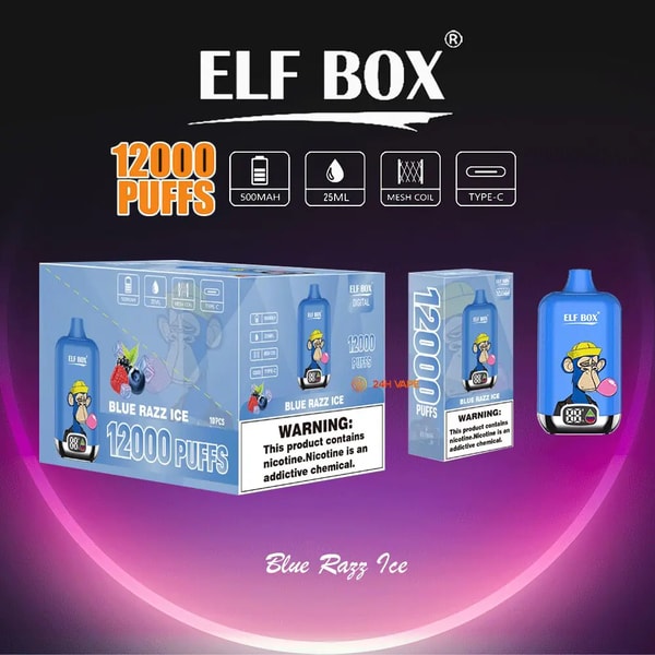 Blue ELF BOX disposable vape packaging and device labeled Blue Razz Ice, showing "12000 PUFFS" and icons for 500mAh battery, 25ml e-liquid, mesh coil and Type-C charging, featuring a cartoon monkey logo, berry illustrations and a nicotine warning on a purple gradient background.