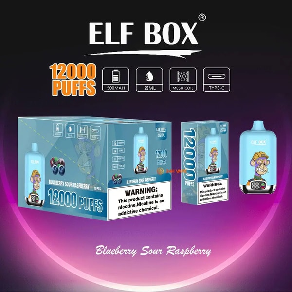 Blue Elf Box disposable vape packaging and matching light-blue device set against a purple gradient background, featuring large 'ELF BOX' branding and '12000 PUFFS' claim, icons for 500mAh battery, 25ml e-liquid, mesh coil and Type-C charging, 'Blueberry Sour Raspberry' flavor text, a cartoon monkey illustration on the device, and a nicotine warning label.