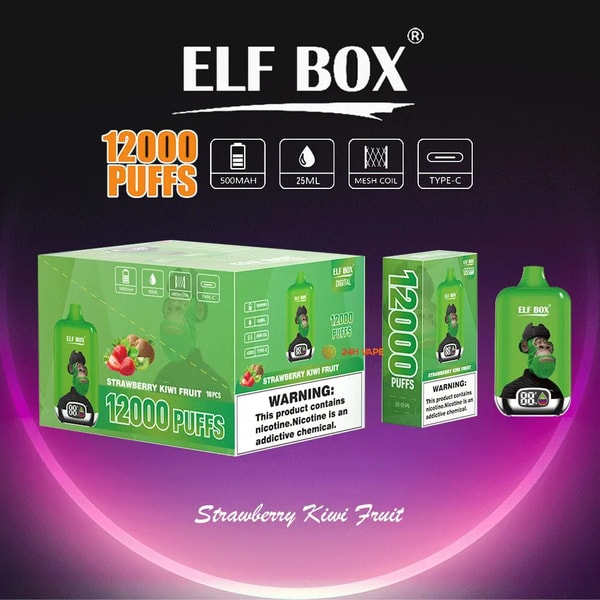 Green ELF BOX disposable vape packaging and device on a purple gradient background, prominently labeled 12000 PUFFS with icons for 500mAh, 25ml, mesh coil and Type‑C, flavor noted as Strawberry Kiwi Fruit, a nicotine warning on the boxes, and a green vape device showing a cartoon monkey graphic.
