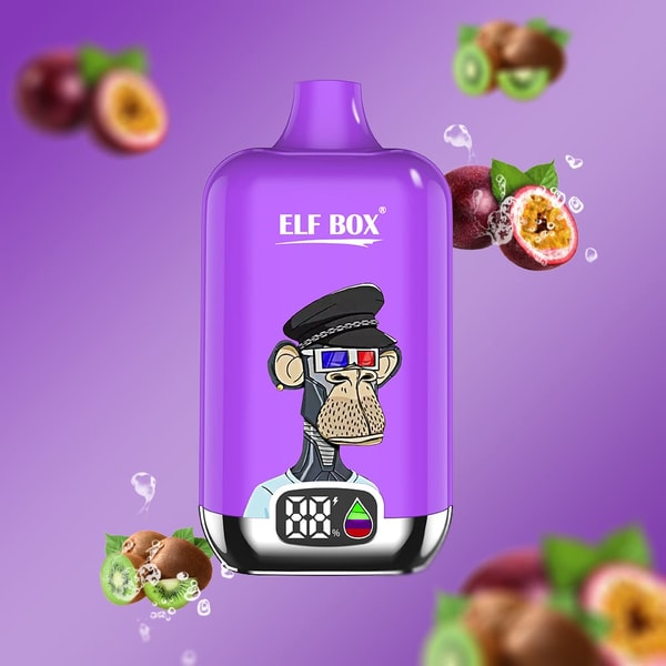 Purple ELF BOX device centered on a purple gradient background with a cartoon ape wearing a black cap and red-and-blue 3D glasses printed on the front, a small digital display at the base, and floating passionfruit and kiwi slices around it