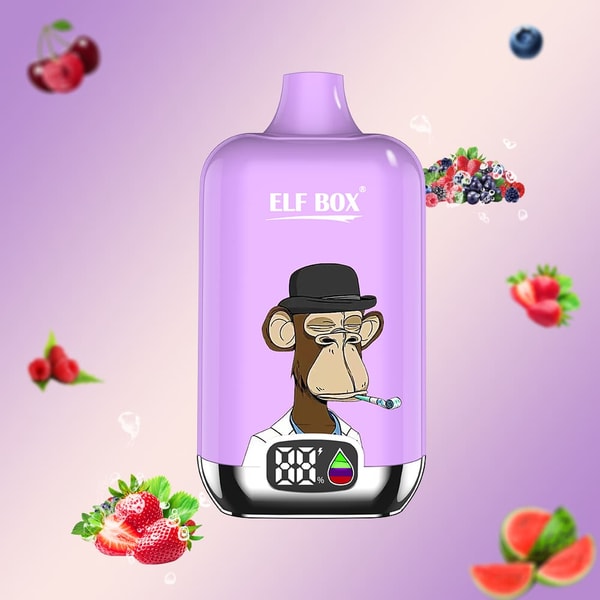 Purple ELF BOX vape device featuring a Bored Ape cartoon wearing a bowler hat and holding a cigarette in its mouth, a small digital display with a percentage and droplet icon at the base, set against a pink-purple gradient background with floating fruit illustrations (strawberries, cherries, blueberries, raspberries and watermelon) suggesting flavors.