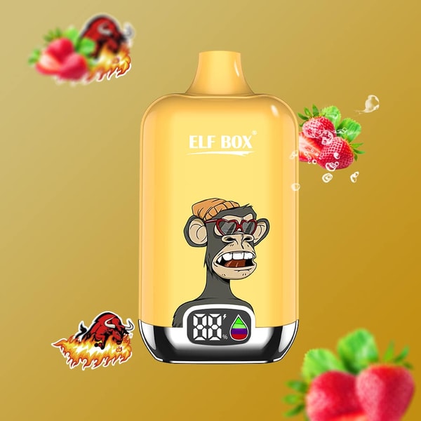 Yellow ELF BOX vape device with a cartoon ape wearing a beanie and heart-shaped sunglasses on the front, a digital battery display at the bottom reading 88%, and floating strawberries and flame stickers on a gold background.