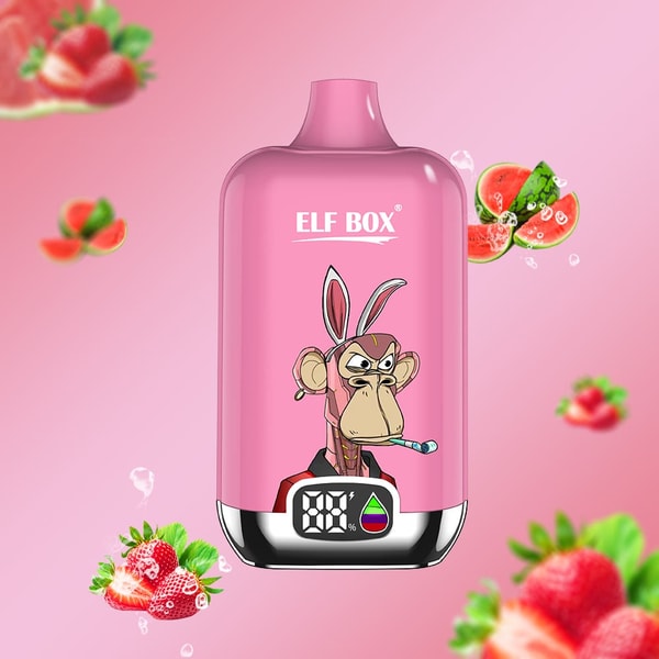 Pink ELF BOX vape device featuring a cartoon angry ape wearing bunny ears and holding a cigarette on its front, with a digital percentage display and droplet icon at the base, set against a soft pink background with floating strawberries and watermelon slices.