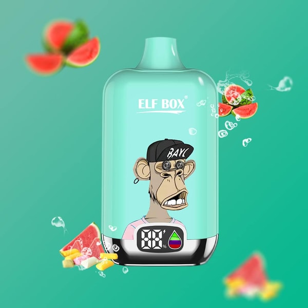 Mint-green ELF BOX vape device centered on a teal background, featuring a Bored Ape cartoon wearing a black 'BAYC' cap and a digital display at the base, with sliced watermelon pieces and bubbles floating around.
