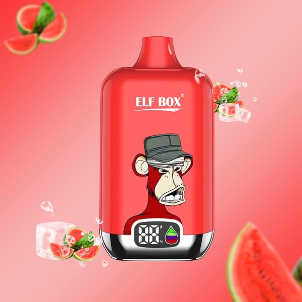Red ELF BOX vape device with a snarling cartoon ape wearing a gray cap printed on the front, a small digital battery display with a colored droplet icon at the base, surrounded by watermelon slices and ice cubes on a pink gradient background