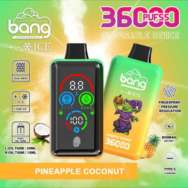 Bright green-to-orange Pineapple Coconut Bang disposable vape with a front touchscreen showing puff count and controls, a second illustrated unit with zombie artwork, and surrounding icons and text highlighting 36000 puffs, ICE cooling, dual mesh and dual oil tanks, fingerprint pressure regulation, 850mAh battery and Type‑C charging against a tropical pineapple-and-coconut background.