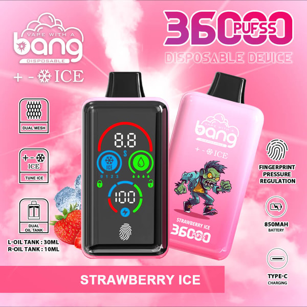 Pink advertisement for a Bang disposable vape labeled “Strawberry Ice,” showing a black-front device with a colorful digital screen and fingerprint icon beside a pink-back device with a cartoon zombie, strawberries and ice graphics, and icons indicating 360000 puffs, dual oil tanks, ICE tuning, fingerprint pressure regulation, 850mAh battery and Type‑C charging.